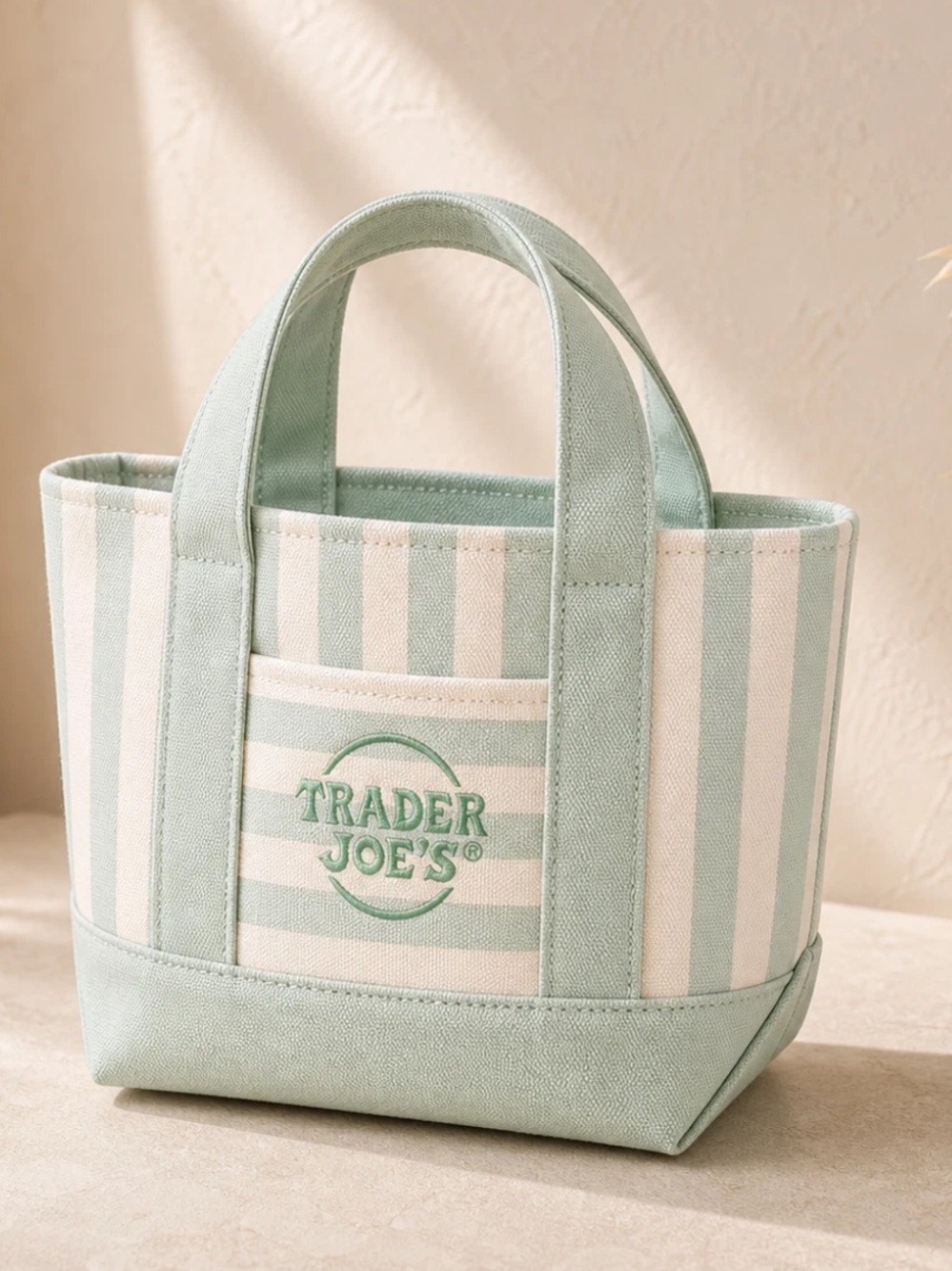 TRADER JOE'S  2026  Mini Stripe Canvas Tote Bag Green Beige Stripes